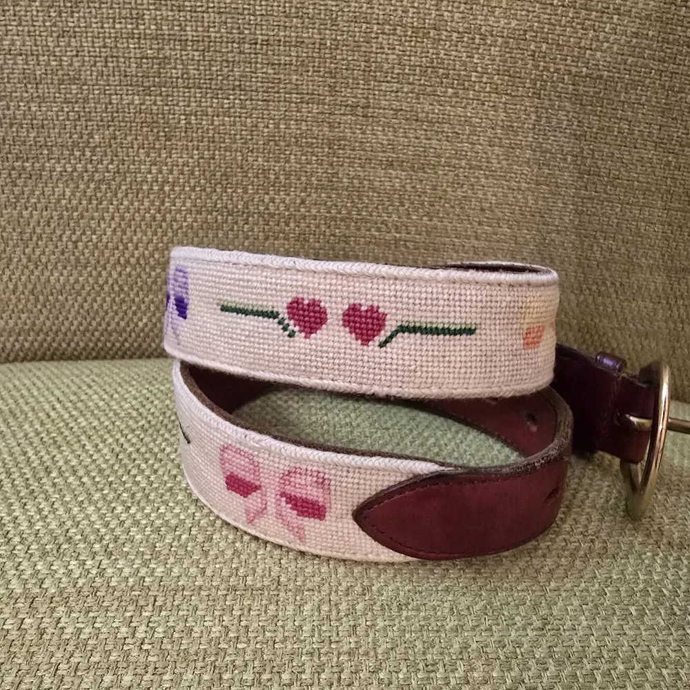 Vintage Bows & Hearts Handmade Needlepoint Leather Belt